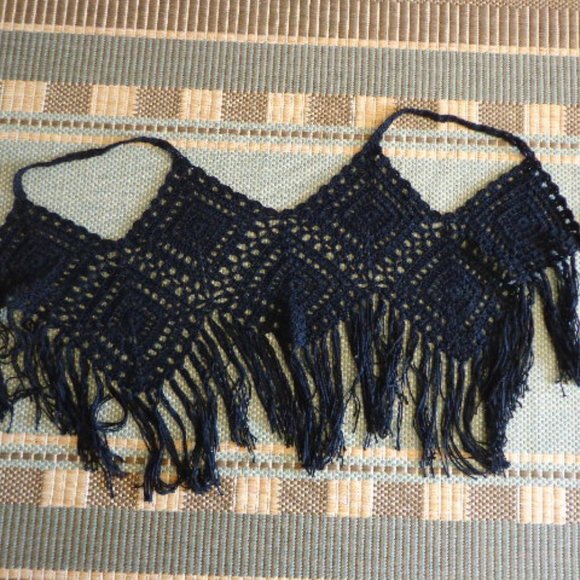 Crocheted Boho Cami Vest Top XS-S Tie Front Fringe - Picture 5 of 14
